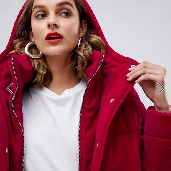 NWT River Island Velvet Hooded Padded Puffer Coat Pink Women's Size 8 H11583 - Picture 5 of 12